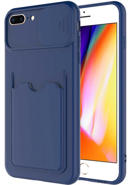 Case World Caseworld Apple iPhone 7 Plus Kapak Lensi Açılır Kapanır Kamera Korumalı Kartvizitli Silikon Kılıf - Lacivert