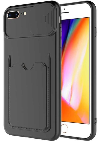 Case World Caseworld Apple iPhone 7 Plus Kapak Lensi Açılır Kapanır Kamera Korumalı Kartvizitli Silikon Kılıf - Siyah