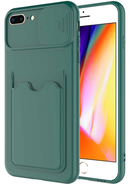 Case World Caseworld Apple iPhone 7 Plus Kapak Lensi Açılır Kapanır Kamera Korumalı Kartvizitli Silikon Kılıf - Koyu Yeşil