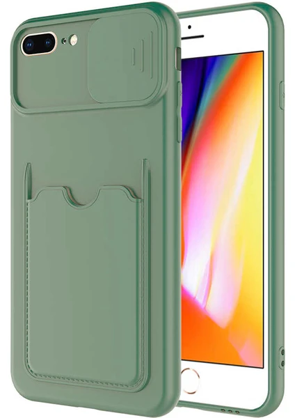 Case World Caseworld Apple iPhone 7 Plus Kapak Lensi Açılır Kapanır Kamera Korumalı Kartvizitli Silikon Kılıf - Açık Yeşil