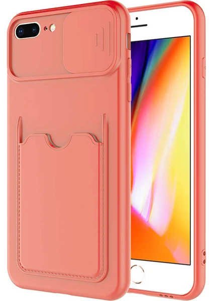 Case World Caseworld Apple iPhone 7 Plus Kapak Lensi Açılır Kapanır Kamera Korumalı Kartvizitli Silikon Kılıf - Turuncu