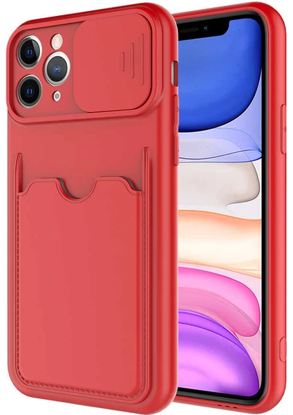 Case World Caseworld Apple iPhone 11 Pro Kapak Lensi Açılır Kapanır Kamera Korumalı Kartvizitli Silikon Kılıf - Kırmızı