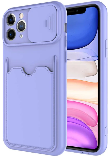 Case World Caseworld Apple iPhone 11 Pro Kapak Lensi Açılır Kapanır Kamera Korumalı Kartvizitli Silikon Kılıf - Lila