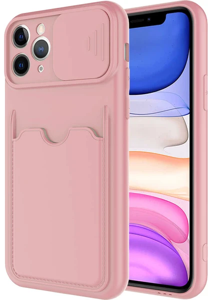 Case World Caseworld Apple iPhone 11 Pro Kapak Lensi Açılır Kapanır Kamera Korumalı Kartvizitli Silikon Kılıf - Pudra