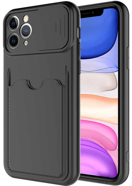 Case World Caseworld Apple iPhone 11 Pro Kapak Lensi Açılır Kapanır Kamera Korumalı Kartvizitli Silikon Kılıf - Siyah