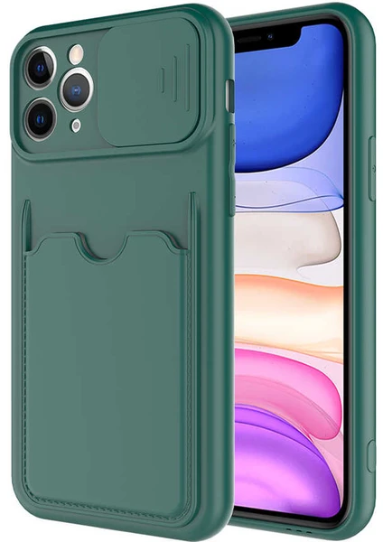 Case World Caseworld Apple iPhone 11 Pro Kapak Lensi Açılır Kapanır Kamera Korumalı Kartvizitli Silikon Kılıf - Koyu Yeşil