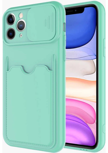 Case World Caseworld Apple iPhone 11 Pro Kapak Lensi Açılır Kapanır Kamera Korumalı Kartvizitli Silikon Kılıf - Turkuaz