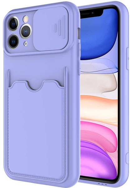 Caseworld Apple iPhone 11 Pro Max Kapak Lensi Açılır Kapanır Kamera Korumalı Kartvizitli Silikon Kılıf - Lila