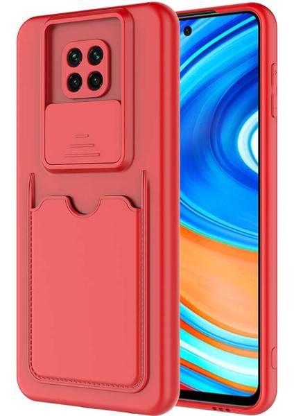 Caseworld Xiaomi Redmi Note 9 Pro Kapak Lensi Açılır Kapanır Kamera Korumalı Kartvizitli Silikon Kılıf - Kırmızı