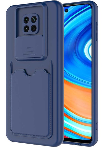 Caseworld Xiaomi Redmi Note 9 Pro Kapak Lensi Açılır Kapanır Kamera Korumalı Kartvizitli Silikon Kılıf - Lacivert