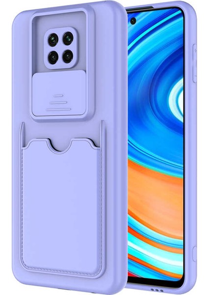 Caseworld Xiaomi Redmi Note 9 Pro Kapak Lensi Açılır Kapanır Kamera Korumalı Kartvizitli Silikon Kılıf - Lila