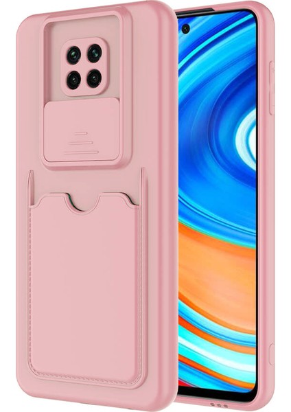 Caseworld Xiaomi Redmi Note 9 Pro Kapak Lensi Açılır Kapanır Kamera Korumalı Kartvizitli Silikon Kılıf - Pudra