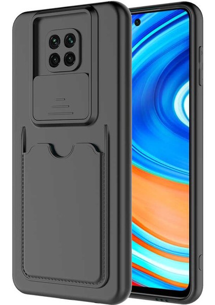 Caseworld Xiaomi Redmi Note 9 Pro Kapak Lensi Açılır Kapanır Kamera Korumalı Kartvizitli Silikon Kılıf - Siyah