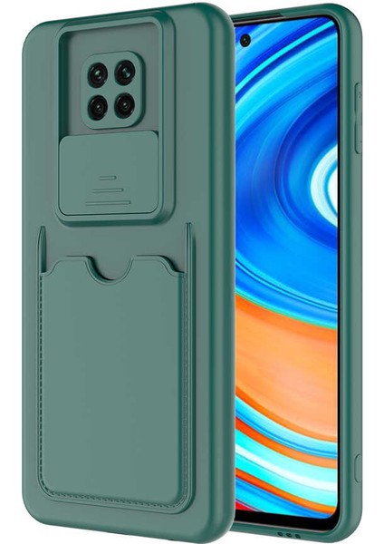 Caseworld Xiaomi Redmi Note 9 Pro Kapak Lensi Açılır Kapanır Kamera Korumalı Kartvizitli Silikon Kılıf - Koyu Yeşil