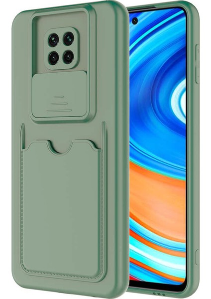 Caseworld Xiaomi Redmi Note 9 Pro Kapak Lensi Açılır Kapanır Kamera Korumalı Kartvizitli Silikon Kılıf - Açık Yeşil