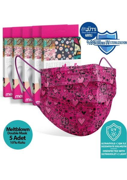 Peace Love Desen Meltblown Kumaş 3 Katlı Ultrasonik Cerrahi Ağız Maskesi Burun Telli