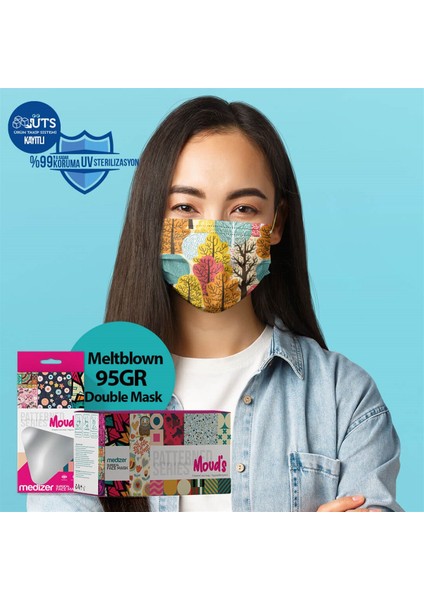 Renkli Ağaç Desenli 3 Katlı Meltblown Kumaş Cerrahi Maske 10'lu Kutu - Burun Telli modelleri