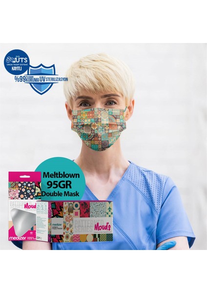 Osmanlı Kumaş Desen Full Ultrasonik Cerrahi Maske 3 Katlı Meltblown Kumaş - Telli