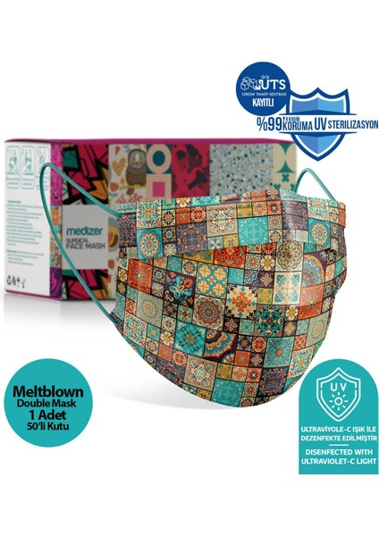 Osmanlı Kumaş Desen Full Ultrasonik Cerrahi Maske 3 Katlı Meltblown Kumaş - Telli