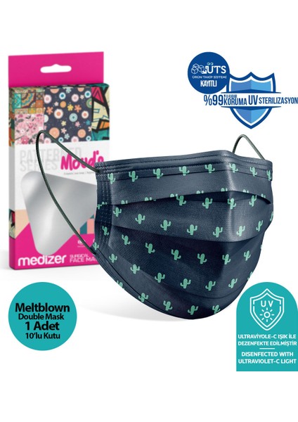 Yeşil Kaktüs Desenli Meltblown Kumaş Full Ultrasonik 3 Katlı Cerrahi Maske - Burun Telli