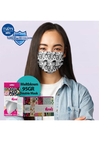 Insanlar Desenli 3 Katlı Meltblown Kumaş Cerrahi Maske 10'lu Kutu - Burun Telli modelleri