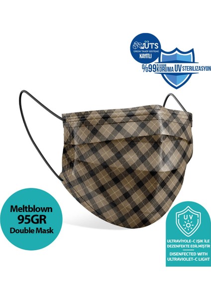 Siyah-Kahverengi Ekose Desenli Meltblown Kumaş Ultrasonik 3 Katlı Cerrahi Maske Telli fiyatları