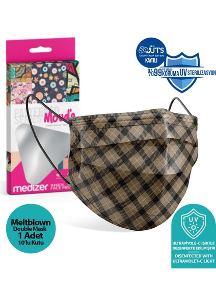 Siyah-Kahverengi Ekose Desenli Meltblown Kumaş Ultrasonik 3 Katlı Cerrahi Maske Telli