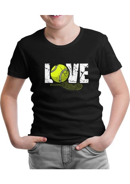 Tenis - Love Raket ve Top Siyah Çocuk Tshirt