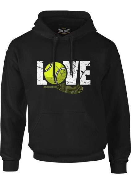 Tenis - Love Raket ve Top Siyah Erkek Fermuarsız Kapşonlu
