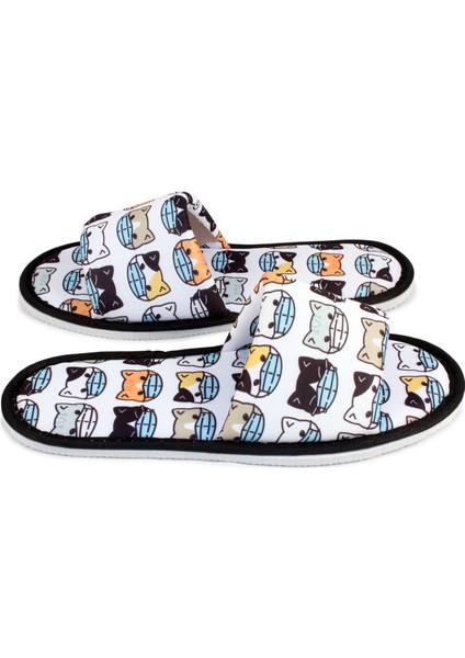 Unisex Beyaz Maskeli Kedi Desenli Önü Açık Yumuşak Tabanlı Ev Terlik modelleri