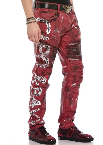 CD608 Kırmızı Beyaz Elle Boyama Kot Pantolon