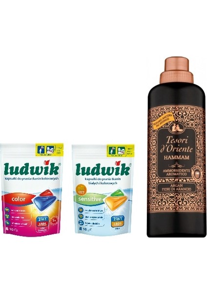 Tesori d'Oriente Hammam Konsantre Çamaşır Yumuşatıcı 750 ml 30 Yıkama + Ludwik Çamaşır Kapsülü Renkli 10 Yıkama, Beyaz 10 Yıkama