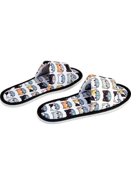 Unisex Beyaz Maskeli Kedi Desenli Önü Açık Yumuşak Tabanlı Ev Terlik modelleri