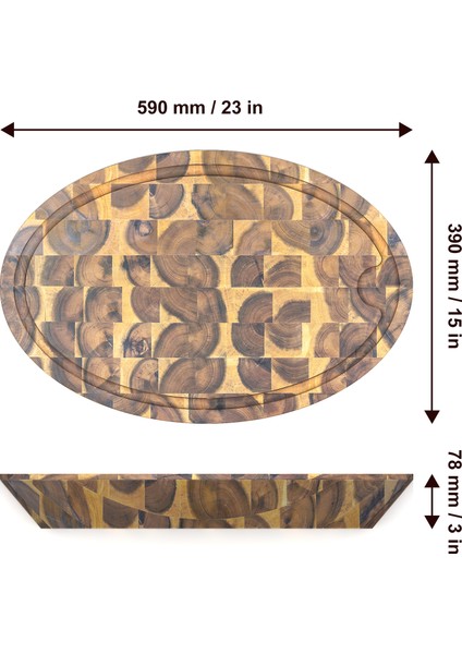 Interbuild Masif Akasya End Grain, Samurai Oval Doğrama Kasap Bloğu, 59X39X7, 8 Cm- Altın Tik