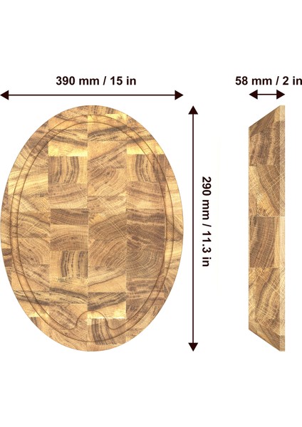 Interbuild Masif Meşe End Grain, Samurai Oval Doğrama Kasap Bloğu, 39 x 29 x 5, 8 cm.