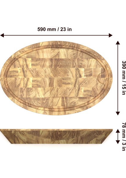 Interbuild Masif Meşe, End Grain, Samurai Oval Doğrama Kasap Bloğu, 59 x 39 x 7, 8 cm.