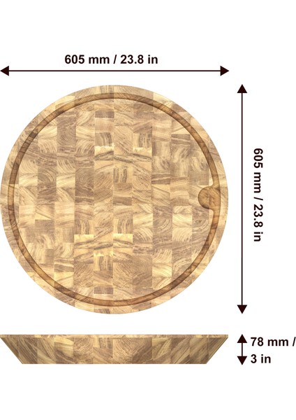 Interbuild Masif Meşe End Grain, Samurai Yuvarlak Doğrama Kasap Bloğu, Çap; 45 cm. x 7, 8 cm.