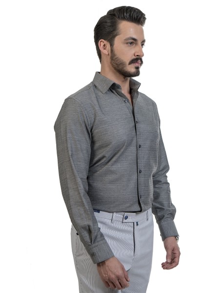Pamuklu Slim Fit Gri Klasik Erkek Gömlek