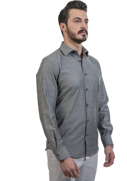 Pamuklu Slim Fit Gri Klasik Erkek Gömlek