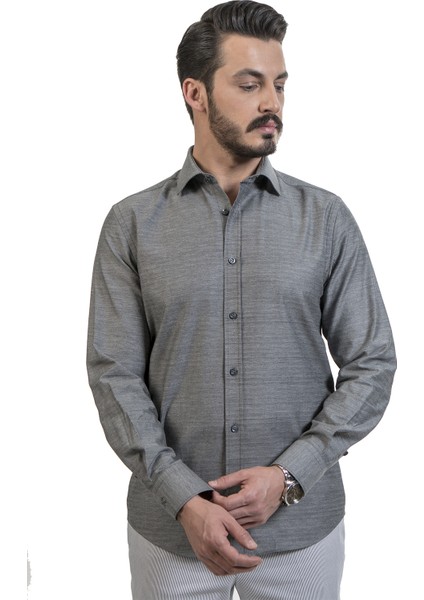 Pamuklu Slim Fit Gri Klasik Erkek Gömlek