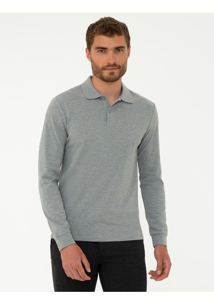 Erkek Gri Melanj Slim Fit Polo Yaka Sweatshirt 50241551-VR086