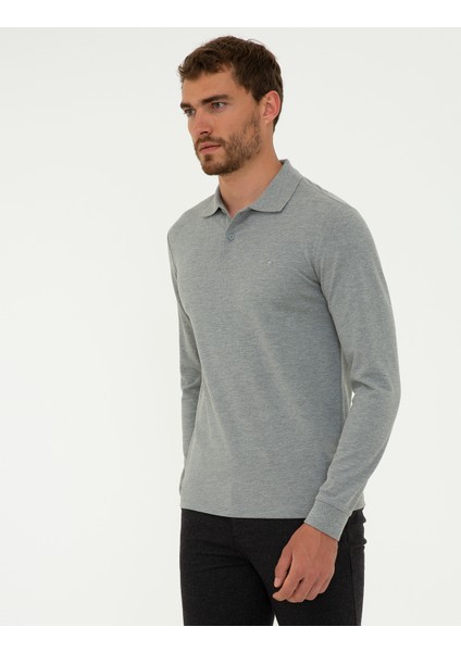 Erkek Gri Melanj Slim Fit Polo Yaka Sweatshirt 50241551-VR086