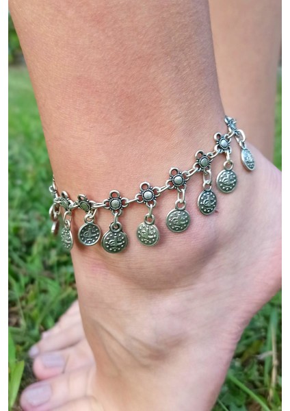 Antik Gümüş Kaplama Tek Sıra Papatya ve Tuğralı El Yapımı Kadın Halhal