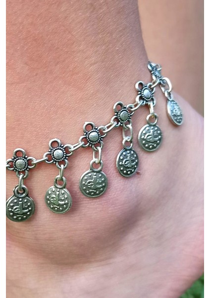 Antik Gümüş Kaplama Tek Sıra Papatya ve Tuğralı El Yapımı Kadın Halhal fiyatları