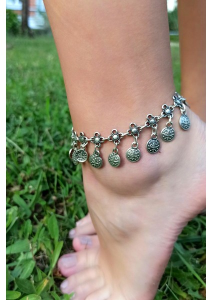 Antik Gümüş Kaplama Tek Sıra Papatya ve Tuğralı El Yapımı Kadın Halhal modelleri