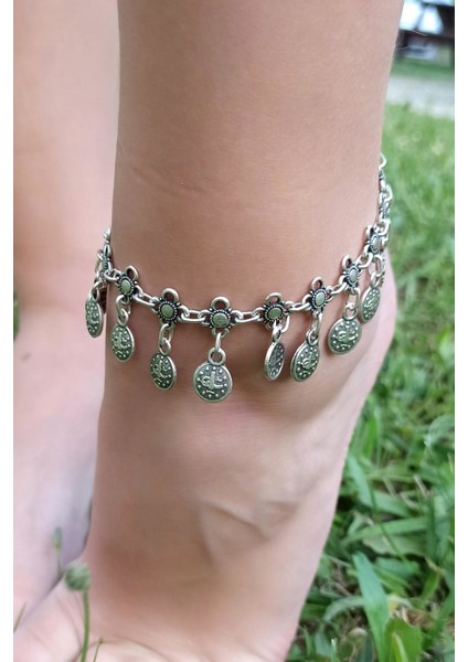 Antik Gümüş Kaplama Tek Sıra Papatya ve Tuğralı El Yapımı Kadın Halhal fırsatları