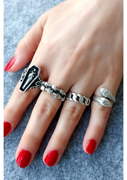 Antik Gümüş Kaplama Tabut - Kuru Kafalar - Zincir - Yılan Şekilli El Yapımı Ayarlanabilir Yüzük Seti