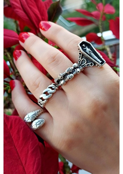 Antik Gümüş Kaplama Tabut - Kuru Kafalar - Zincir - Yılan Şekilli El Yapımı Ayarlanabilir Yüzük Seti modelleri