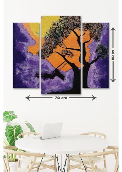 3 Parça Ağaçta Salıncağa Binen Kız Desenli Mdf Duvar Tablosu