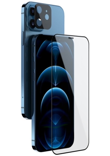 Iphone 12 6.1 2in1 Full Glue Tempered Cam Ekran Koruyucu +Kamera Lens Set AL-34279